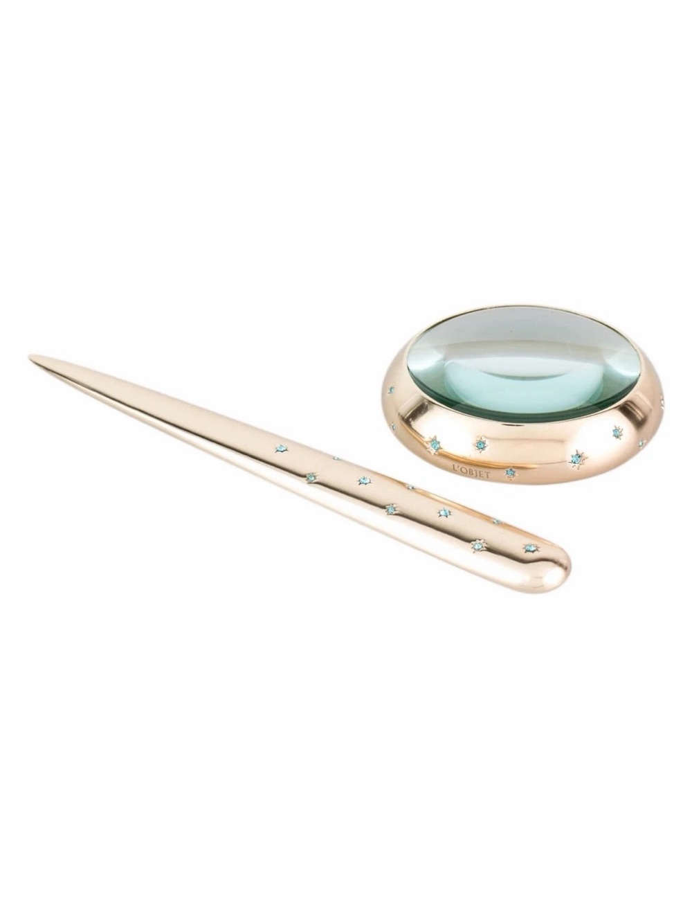 L'Objet Magnifying Glass Letter Opener & 24k Gold Plated & Blue Swarovski Stars